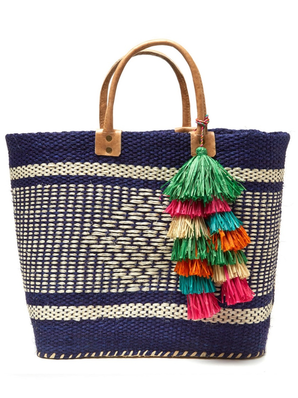NEW Mar Y Sol Ibiza Woven Raffia Tote Blue Beige Large with Tassel